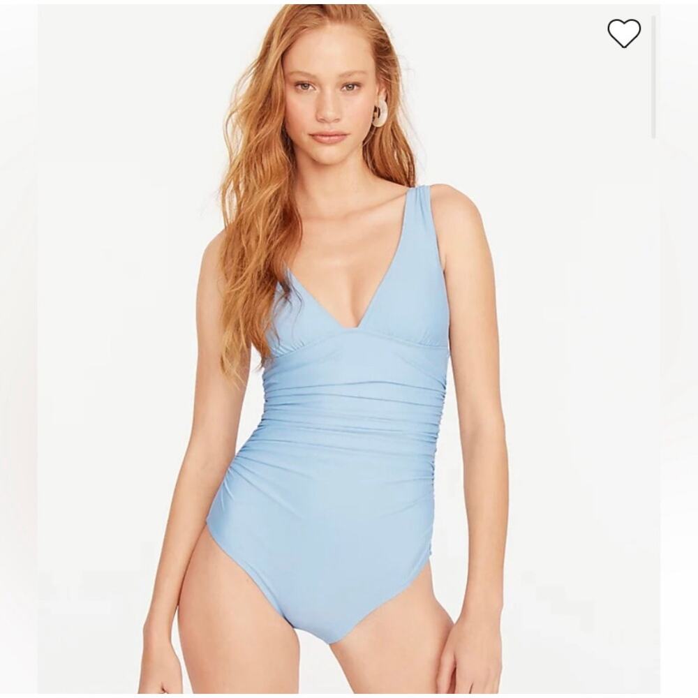 J Crew Blue Deep V Ruched One Piece Swimsuit Sz 14